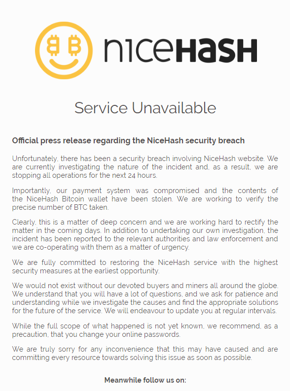 NiceHash freezes operations as $62 million worth of BTC is emptied from its wallet​