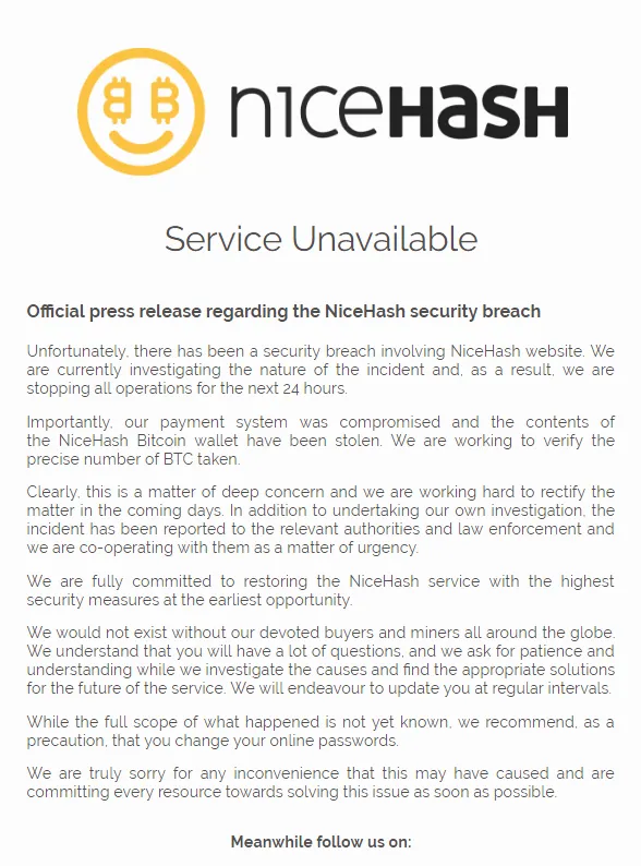 NiceHash freezes operations as $62 million worth of BTC is emptied from its wallet​