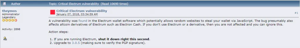 Electrum to the public: “if you are running Electrum, shut it down right this second”