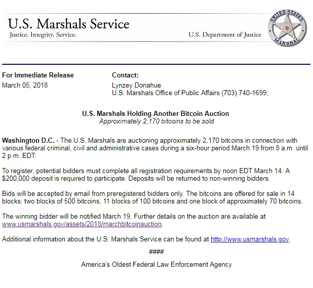 US Marshals to auction off 2.170 'dirty' BTC