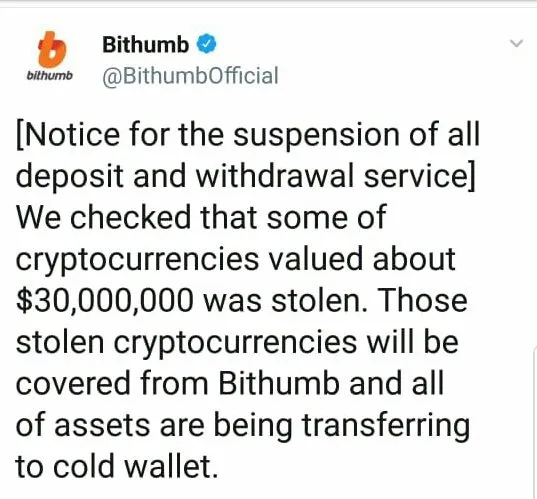 Bithumb hacked, $30 million reportedly lost to thieves