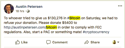 US Senate candidate returns $130,000 worth of BTC donation