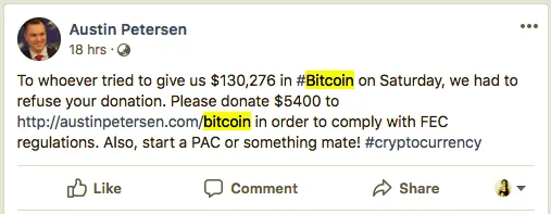 US Senate candidate returns $130,000 worth of BTC donation