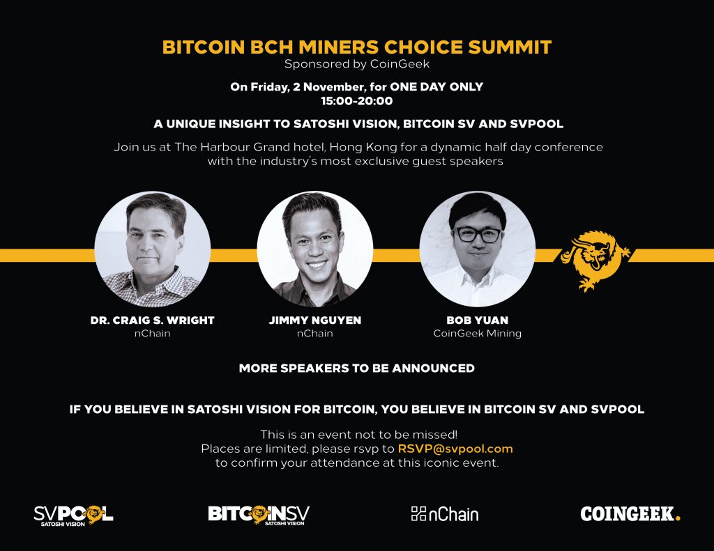 CoinGeek-sponsored Bitcoin BCH Miners Choice Summit happening in Hong Kong