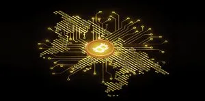 isometric design of world map with bitcoin in the middle