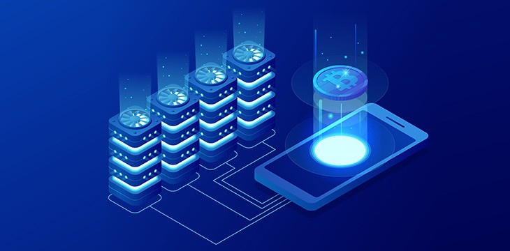 isometric design of mobile with bitcoin mining machine in blue background