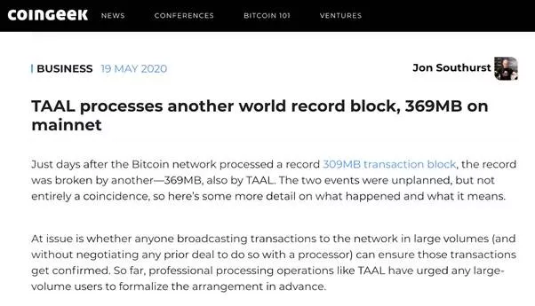 image of article: TAAL processes another world record block, 369MB on mainnet
