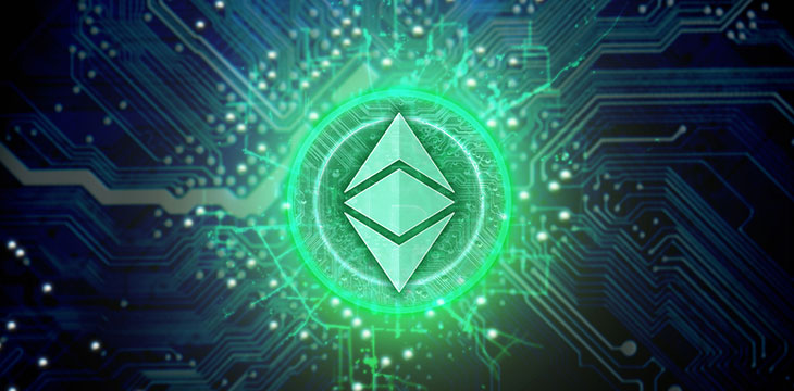 Ethereum Logo and physical Cryptocurrency Hologram And Circuit Board Blockchain concept