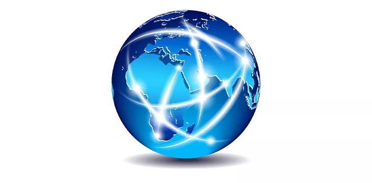 blue globe with white blockchain network concept