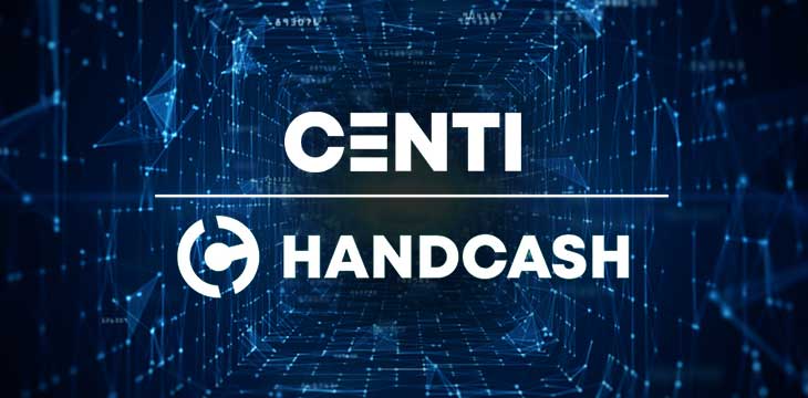 Blockchain concept background with Centi and Handcash logo