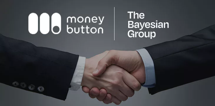 The Bayesian Groupd and MoneyButoon logo with background of two people shaking hands