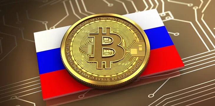 3D illustration of Bitcoin over circuit background with Russia flag