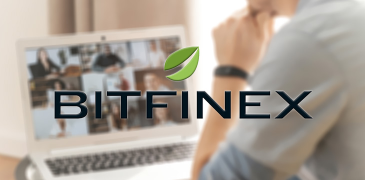 bitfinex logo with a man on video conference on background