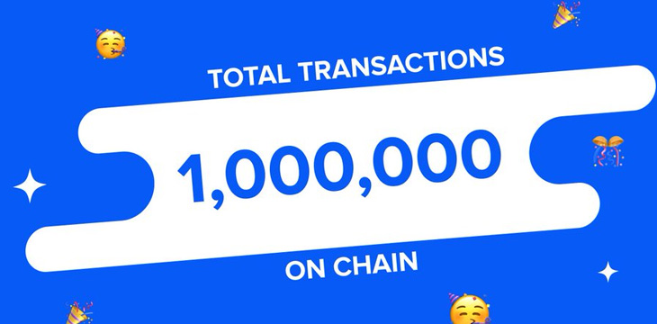 1,000,000 total transactions on chain in blue and white background