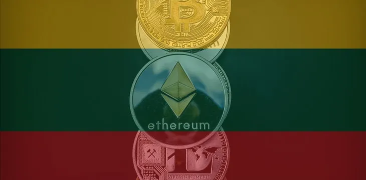 Digital currencies against background of the Lithuanian flag