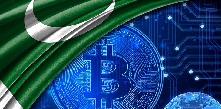 Save Download Preview Flag of Pakistan is shown against the background of crypto currency bitcoin.