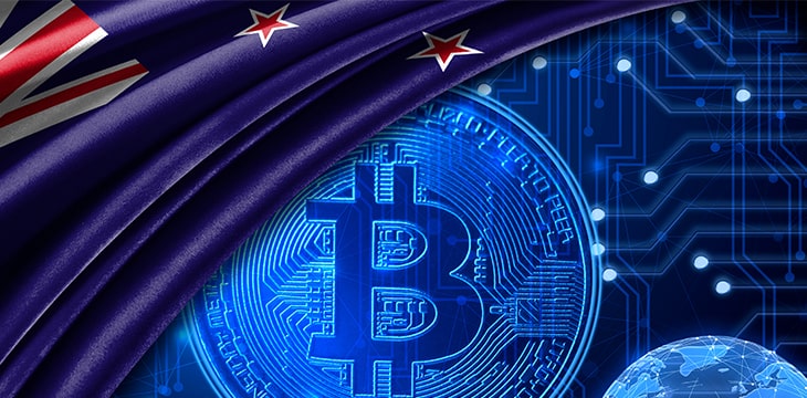 Flag of New Zealand is shown against the background of crypto currency bitcoin.