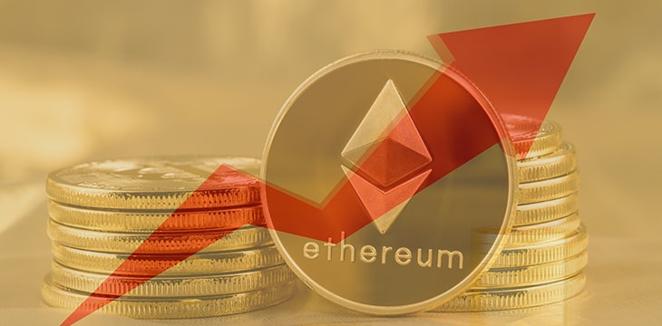 Ethereum coins with a red arrow going up in the background
