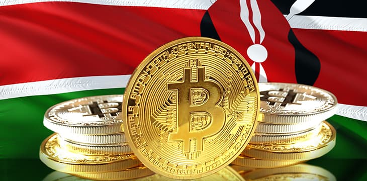 Save Download Preview Bitcoin coins on Kenya's Flag, Cryptocurrency, Digital money concept photo