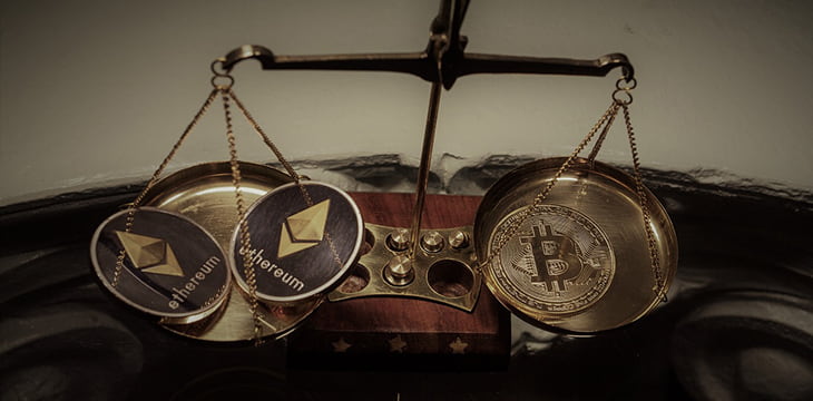 Cryptocurrency coin symbol in a weighing scale