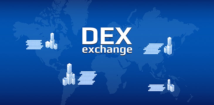 DEX decentralized exchange in different cities with world map on blue background