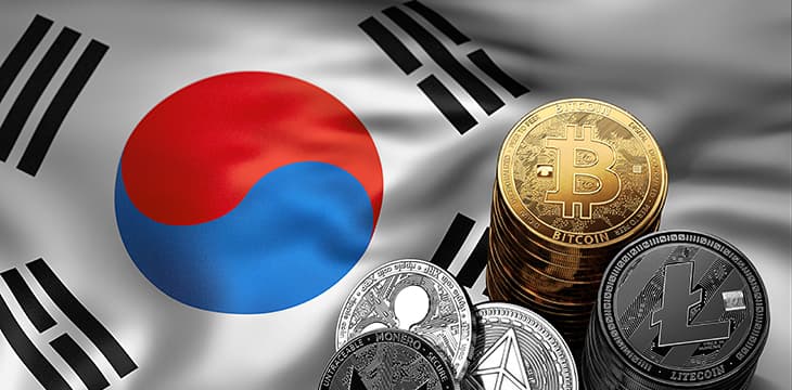 Stack of Bitcoin coins on South Korean flag