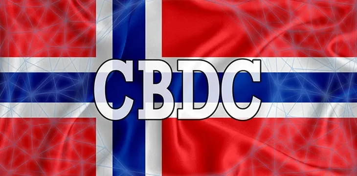 Norway flag with the inscription CBDC (Central Bank Digital Currency) and a blockchain grid around.