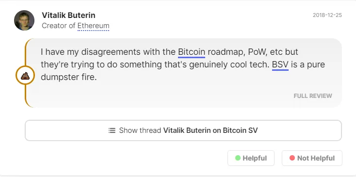 Vitalik Buterin comment on Bitcoin SV