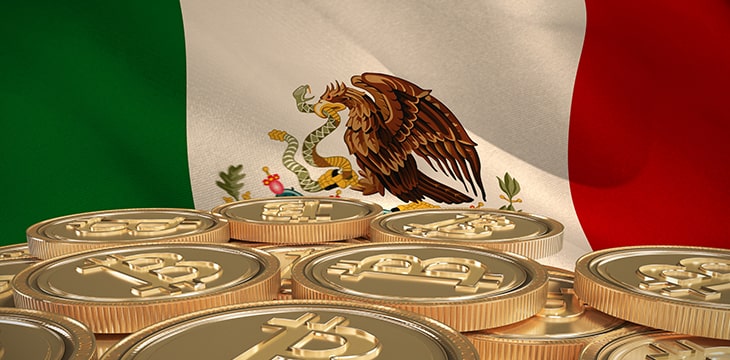 Bitcoin against digitally generated mexican national flag