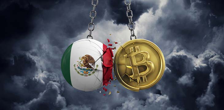 ball with mexicxan flag clashing with ball with bitcoin logo