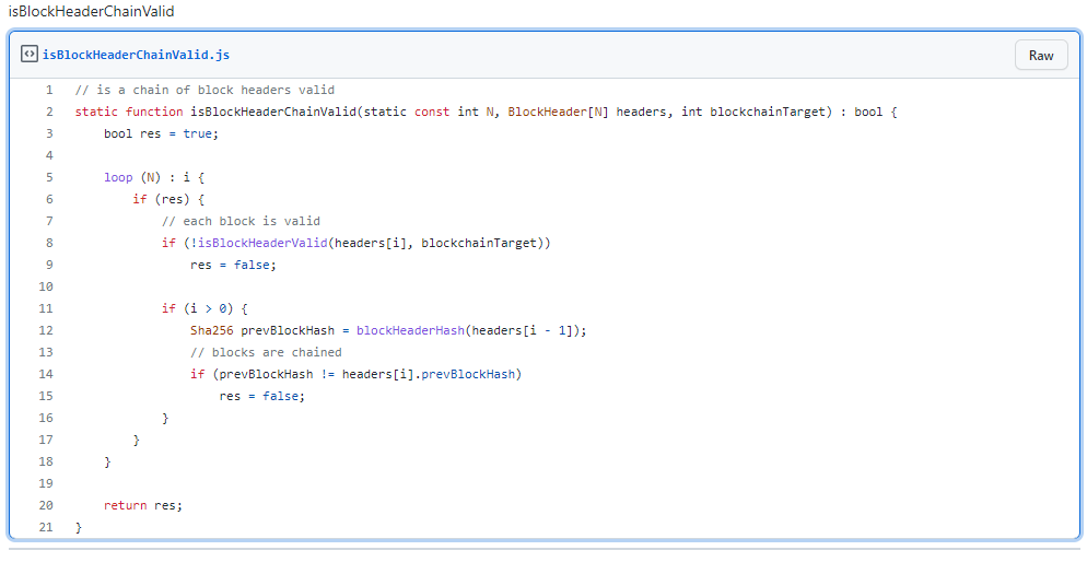 a screenshot of isBlockHeaderChainValid code