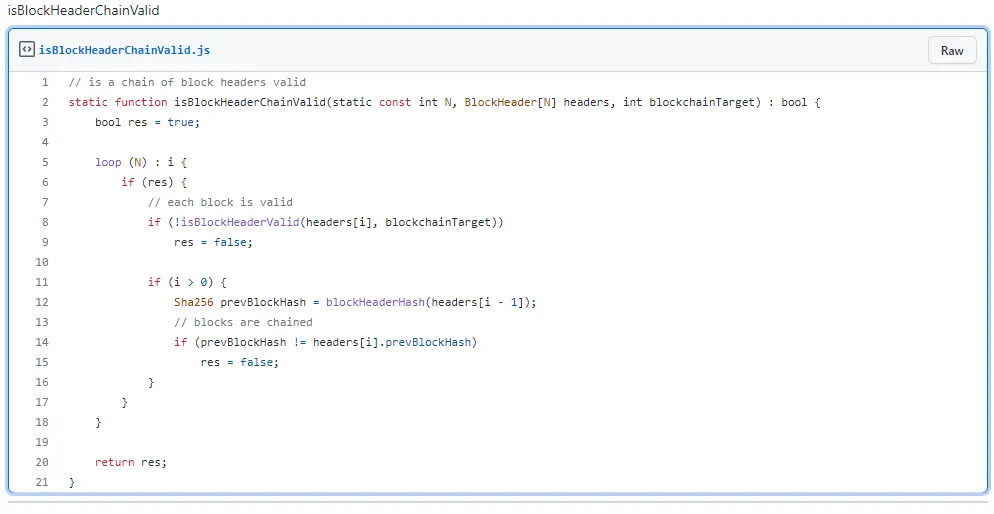 a screenshot of isBlockHeaderChainValid code