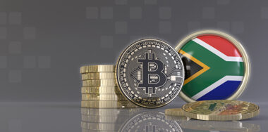 3d rendering of some metallic Bitcoins in front of an badge with the South African flag