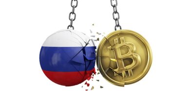 Russia flag smashing into a gold bitcoin crypto coin