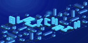 isometric design of word blockchain in blue background