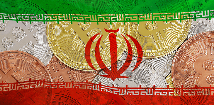 Iran watermark flag with Bitcoin Coins in Bronze Silve and Gold