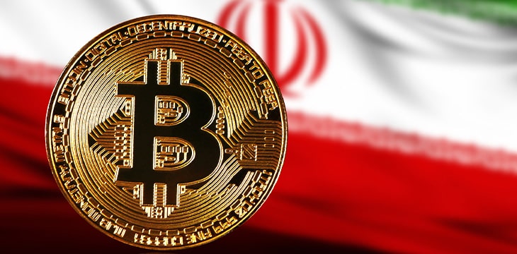 Gold coin bitcoin on a background of a flag Iran