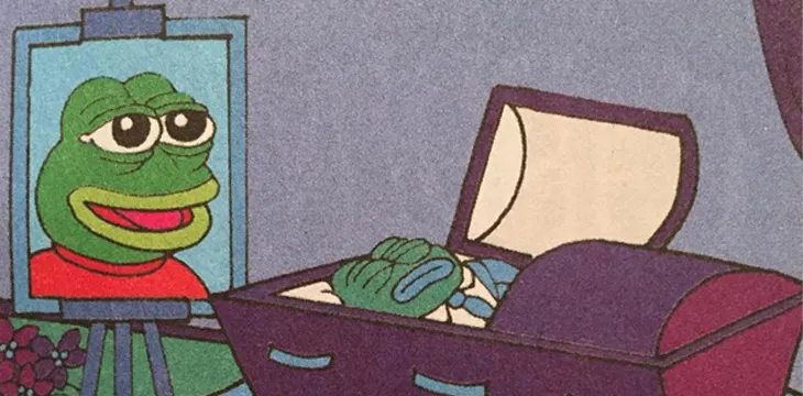 Frog cartoon on a funeral frame and coffin