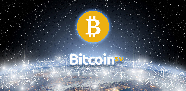 Concept of Bitcoin SV coin floating over world network