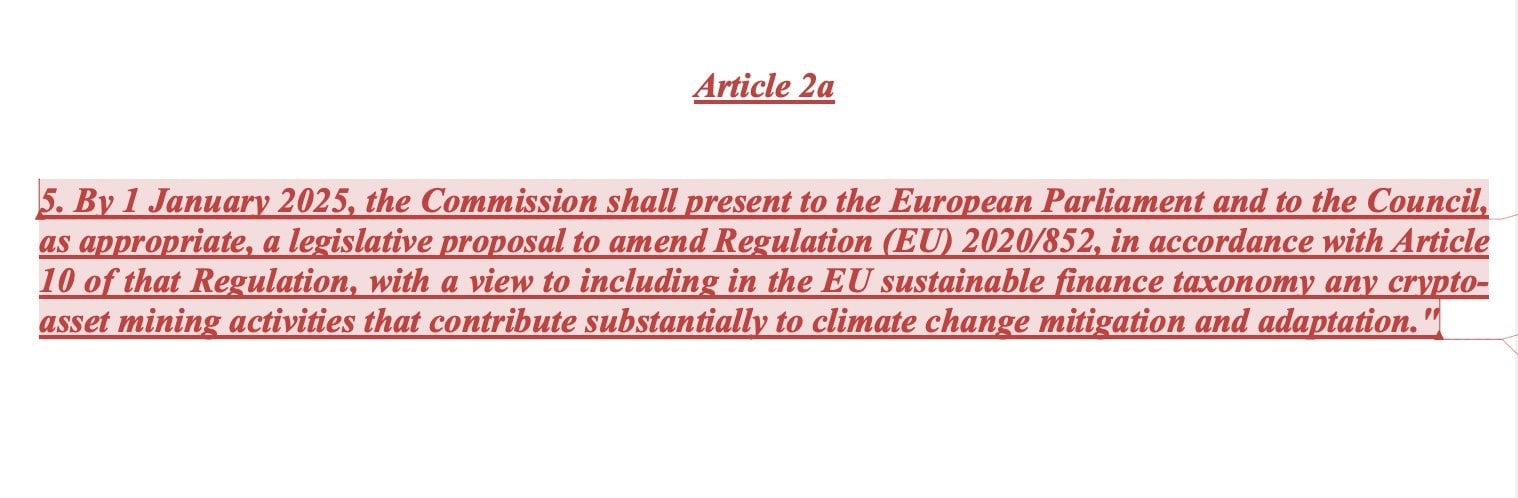 amendment, Article 2a, to add digital currency mining to the European Union (EU) sustainable finance taxonomy