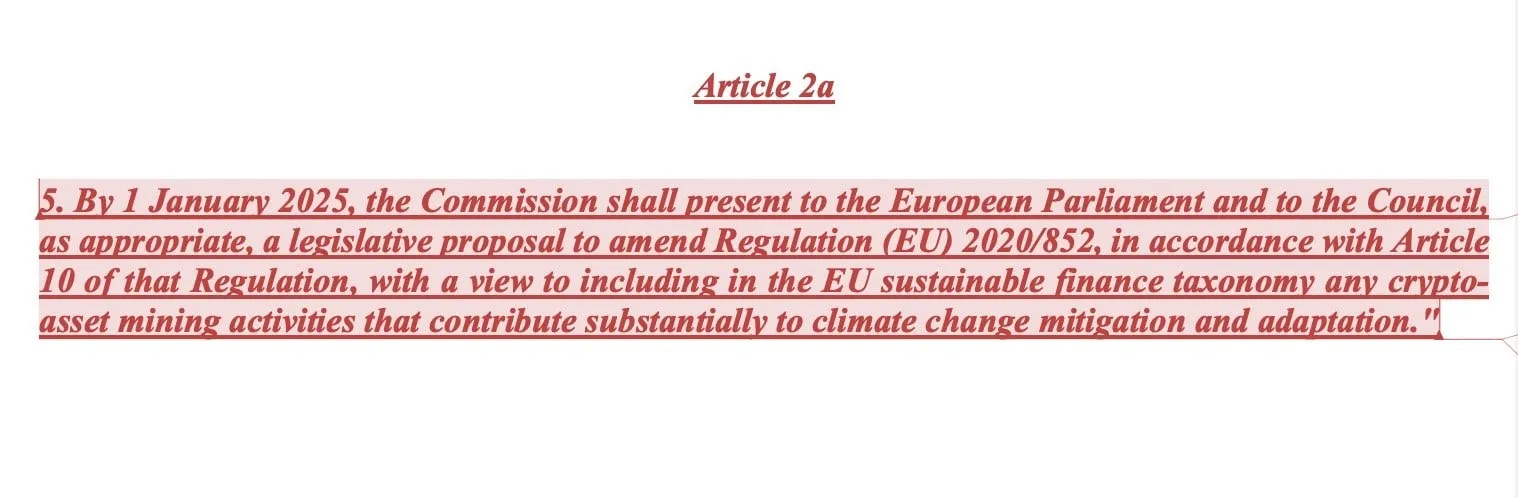 amendment, Article 2a, to add digital currency mining to the European Union (EU) sustainable finance taxonomy