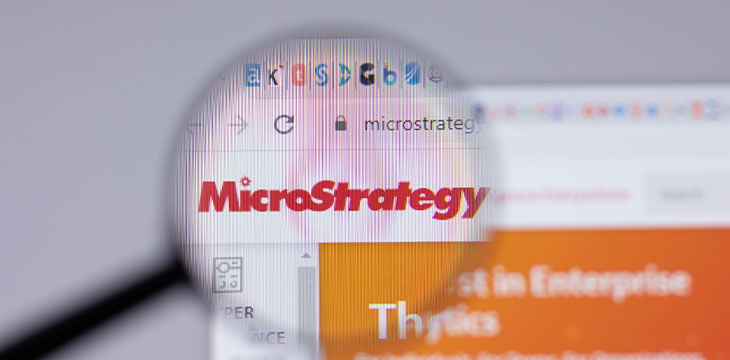 MicroStrategy logo close-up on website page, Illustrative Editorial
