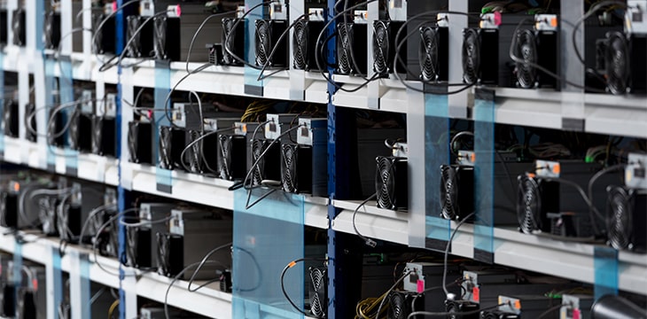 Shelves with equipment for bitcoin mining farm