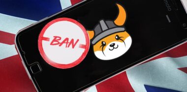 Floki Inu logo on a mobile phone with a ban sign.