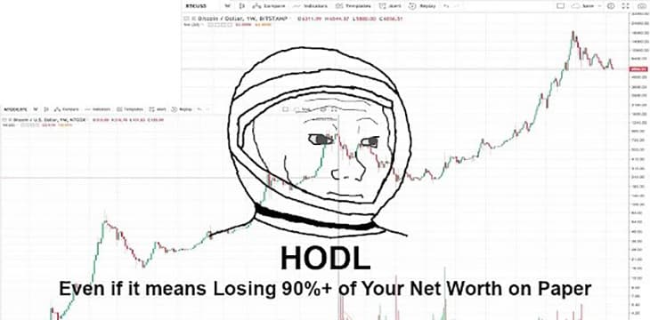 Astronaut meme over a crypto trading chart.