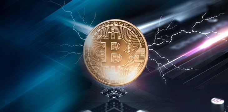 Abstract dark neon background with bitcoin, dynamic lines, lightning. Modern design, cryptocurrency.