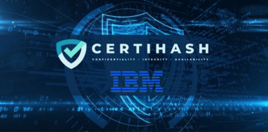 Certihash and IBM log in a blue isometric background