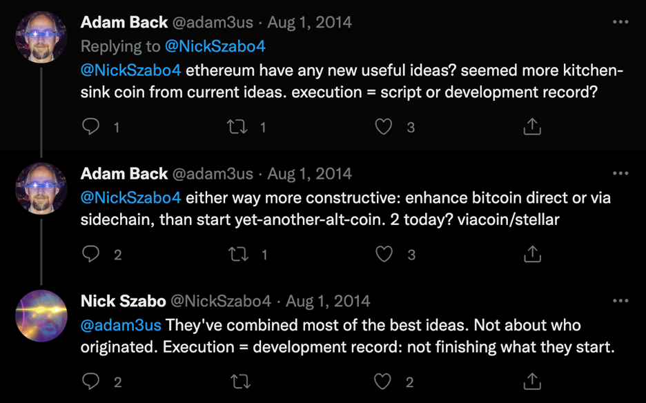 Twitter interaction from Nick Szabo's post
