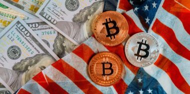 Golden Bitcoin on US dollars digital currency with US flag