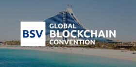 BSV Global Blockchain Convention logo with Dubai cityscape background.